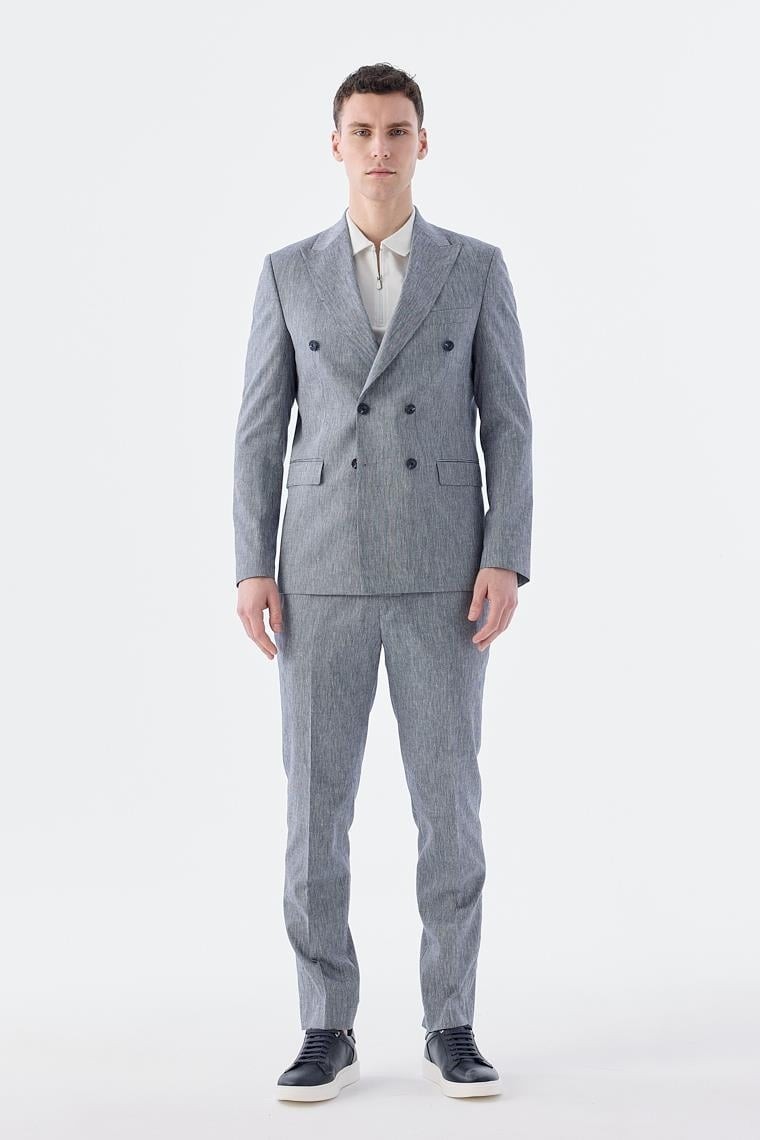 Jakamen Lacivert Slim Fit Keten Karışımlı Kruvaze Takım Elbise