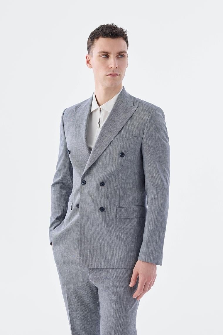 Jakamen Lacivert Slim Fit Keten Karışımlı Kruvaze Takım Elbise görsel 2