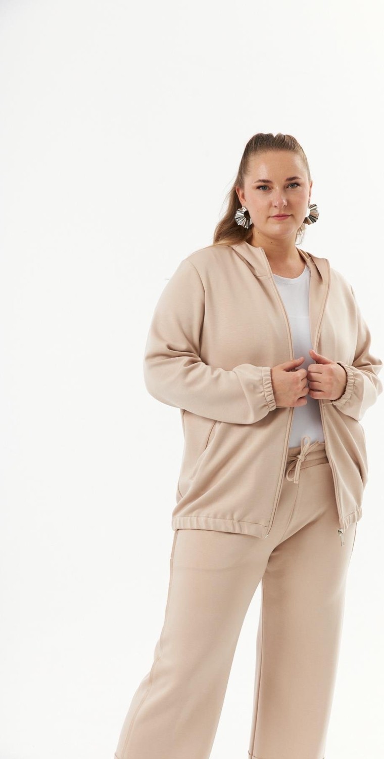 Rmg Büyük Beden Kapüşon ve Fermuarlı Modal Sweatshirt Vizon