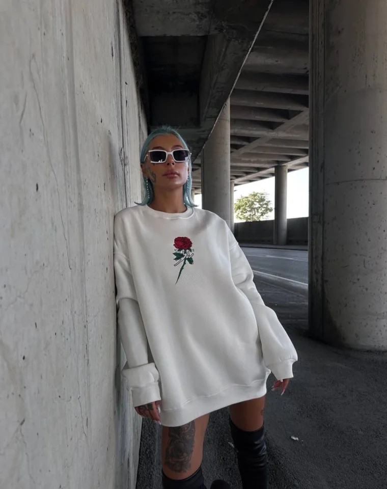 Oversize Üç Iplik Bisiklet Yaka Baskılı Sweatshirt - Beyaz görsel 4