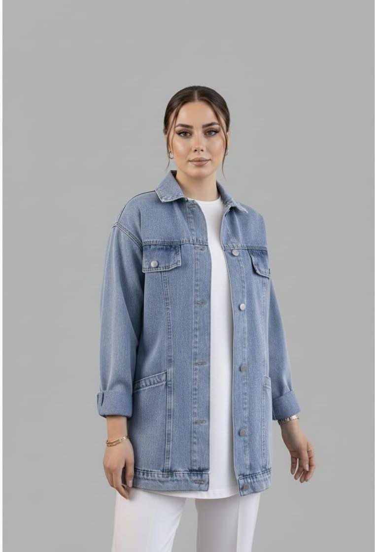 Harma Time Butik Kadın Cep Detaylı Denim Mavi Kot Ceket görsel 2