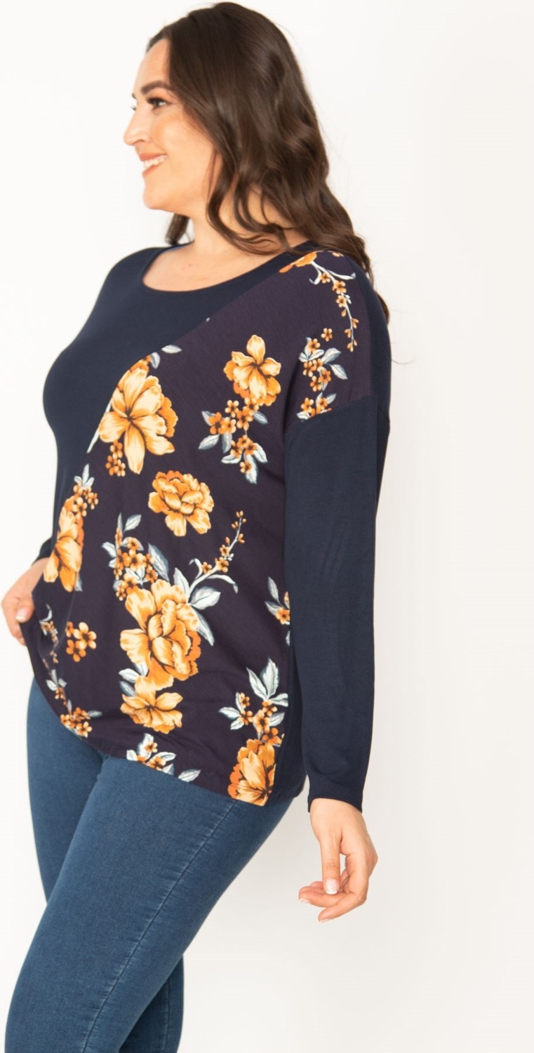 Şans Kadın Lacivert Çieçk Desenli Bisiklet Yaka Tunik 65N30415 görsel 3