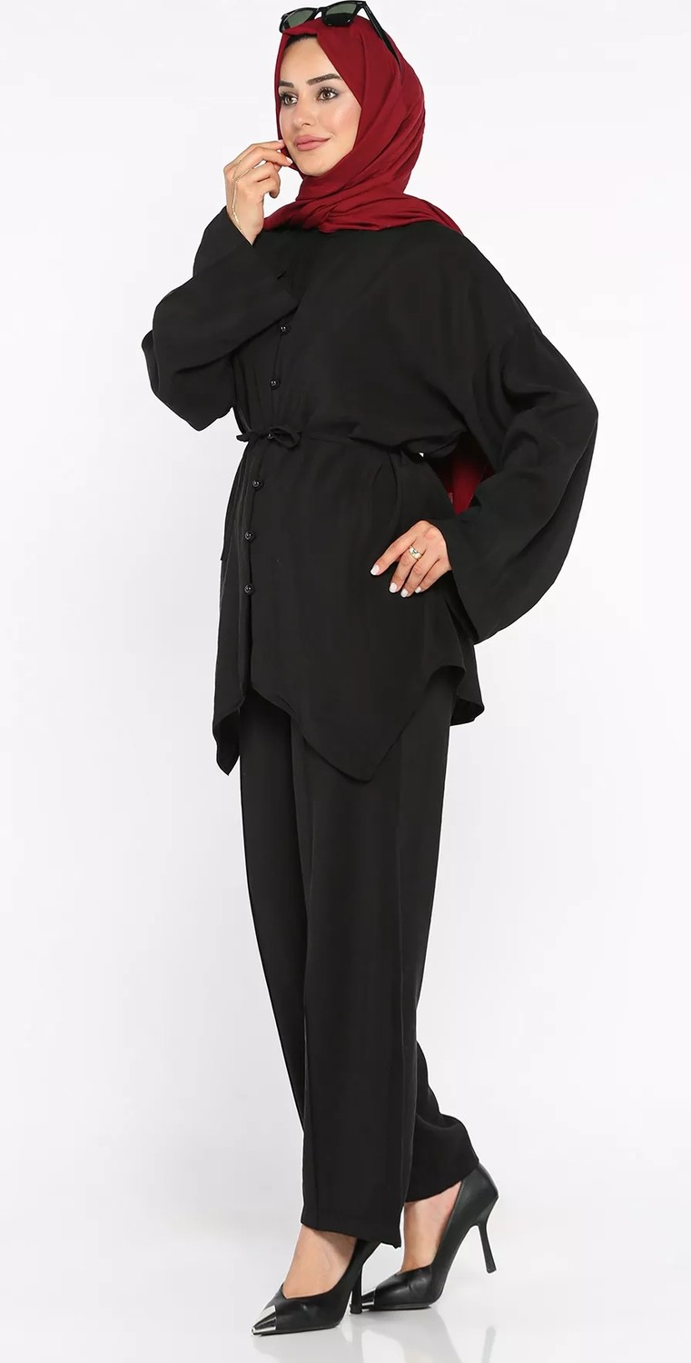 Julude Bel Lastikli Çimalı Pantolon Bağlama Detaylı Tunik Tesettür Ikili Takım P-00022704 görsel 3