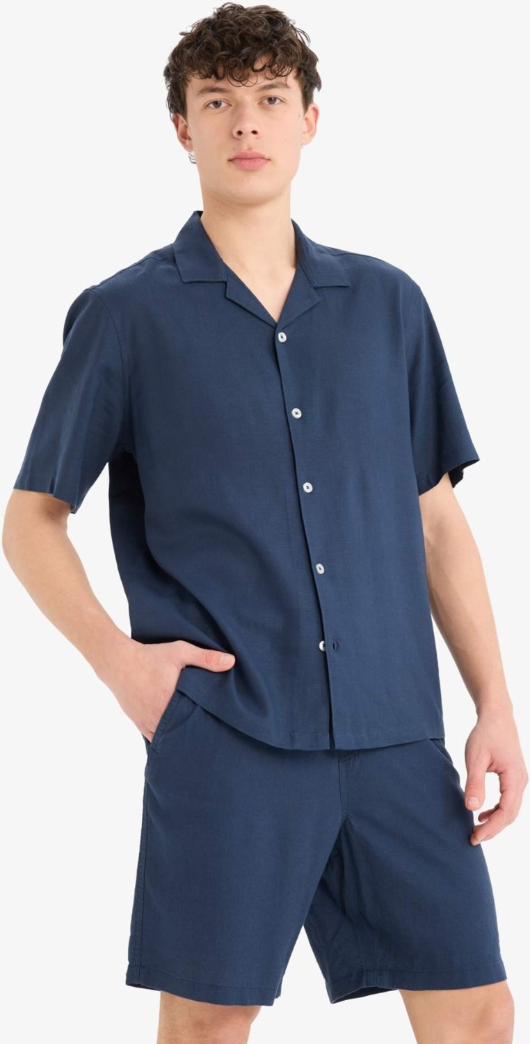 DeFacto Relax Fit Polo Yaka Keten Karışımlı Kısa Kollu Gömlek D9882AX25AU görsel 3