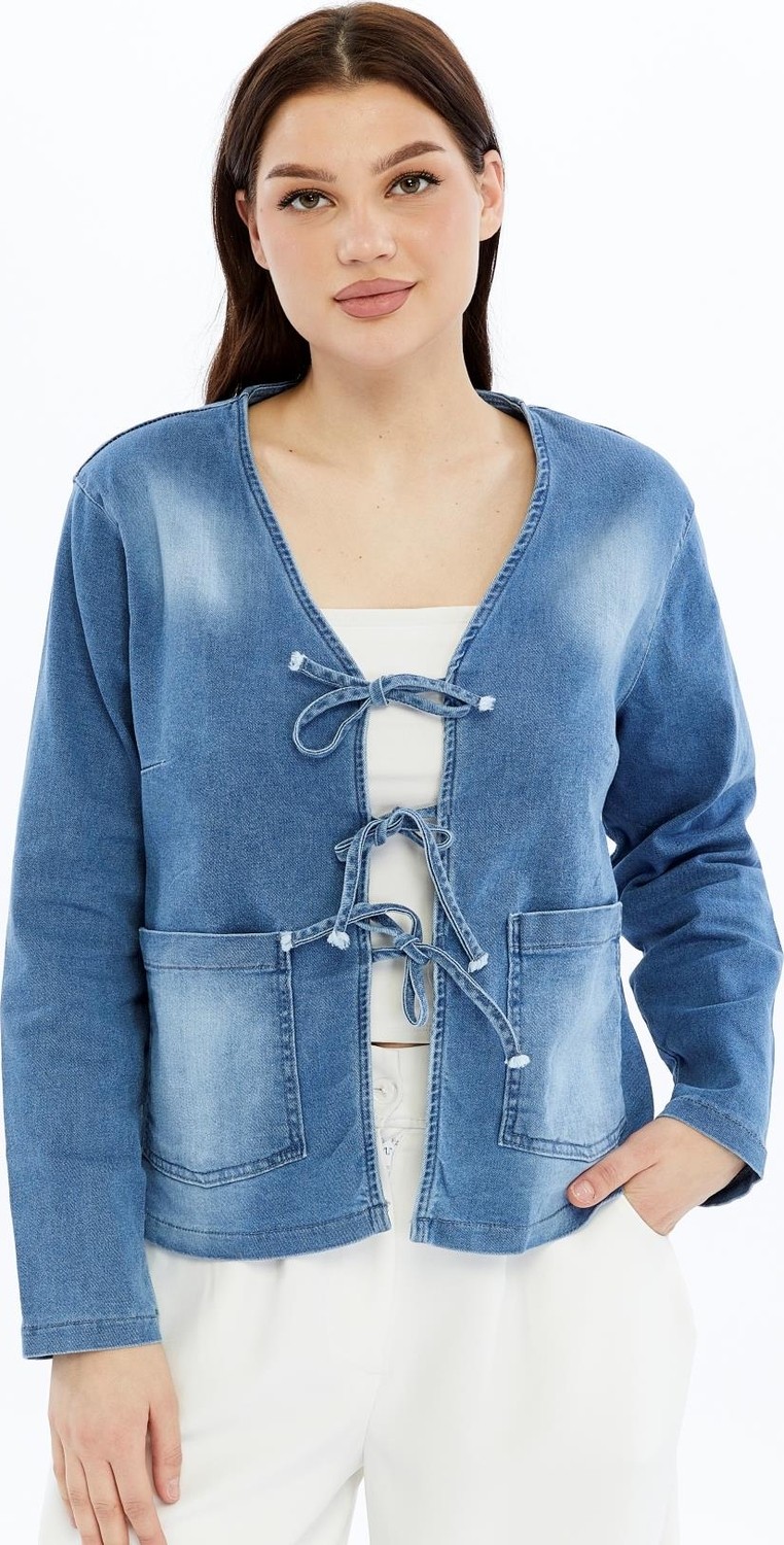 Select Moda Kadın Denim V Yaka Önden Cepli Bağlama Detaylı Ceket/hırka görsel 2