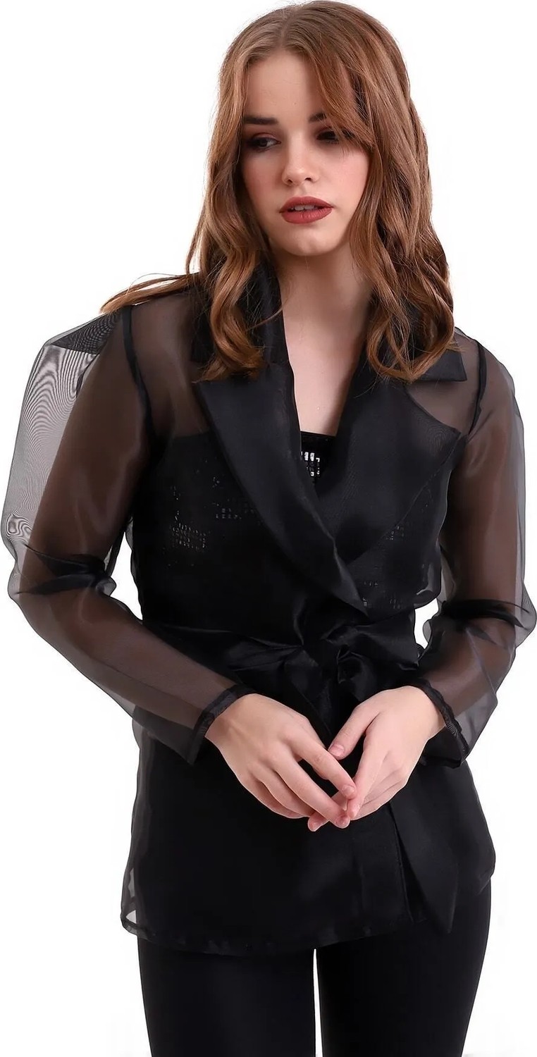 Mois Atelier Siyah Kuşaklı Organze Şifon Tül Kadın Ceket, Tasarım, , Büyük Beden, Tesettür görsel 6