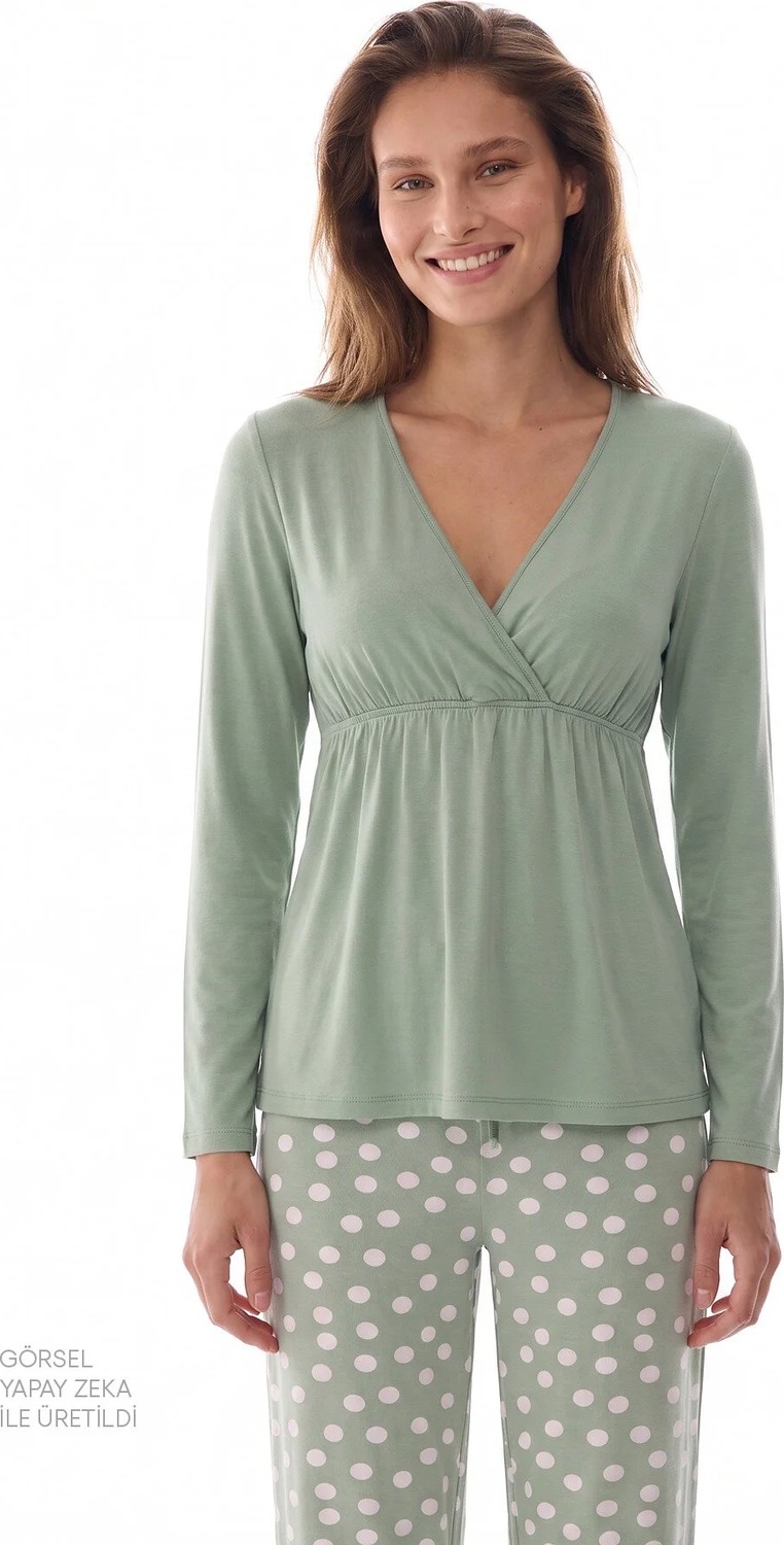Penti Yeşil Mama Puantiye Desenli Uzun Kollu Pantolon Pijama Takımı görsel 2