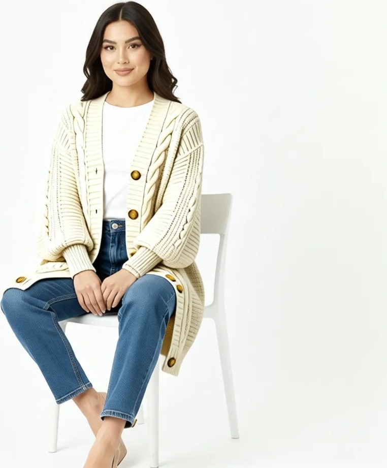 Tesettürce Moda Lugmo Kadın Triko Hırka Akrilik Iplik 80 cm Saç Örgülü Taş görsel 3