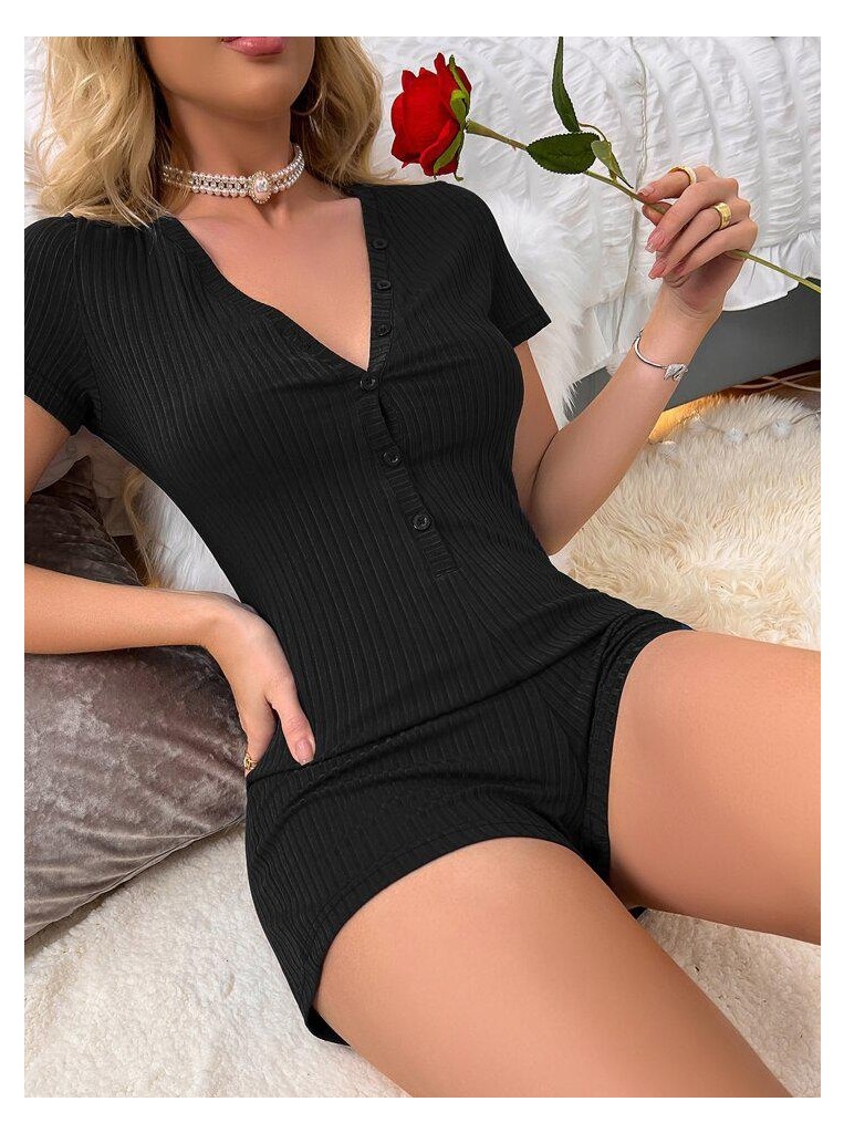 Demir Grup cc Kadın Kısa Kollu önü Düğmeli Mini Bodycon Fitilli Kaşkorse Tulum görsel 8