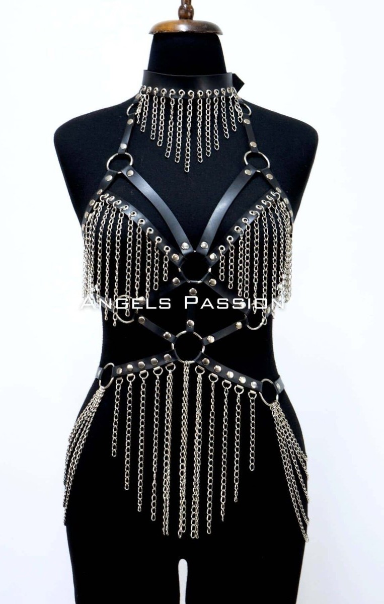 Aesco Zincirli Deri Harness, Deri Dansçı Kostüm, Choker Detaylı Deri Harness - BRF1397 görsel 4