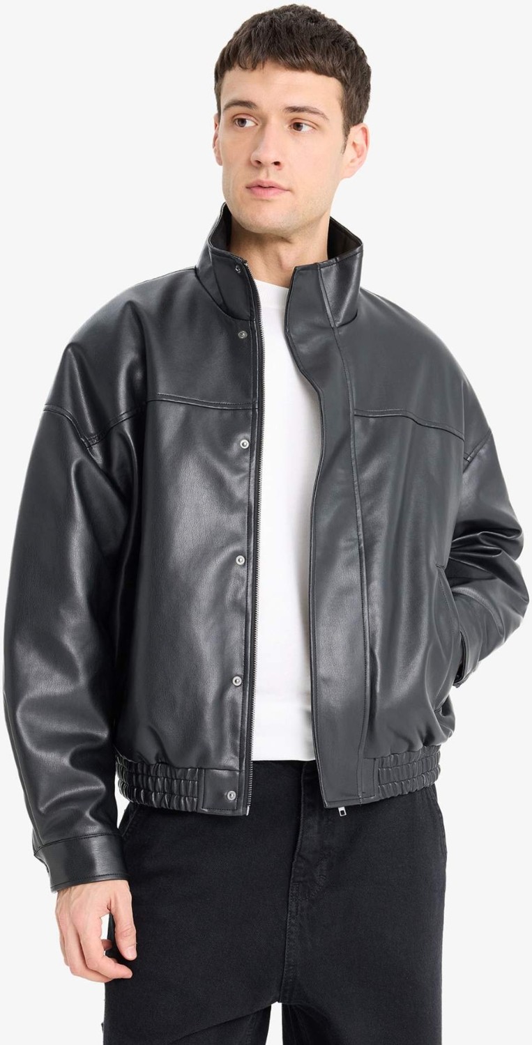 DeFacto Su İtici Oversize Fit Geniş Kalıp Dik Yaka İç Cepli Çıtçıt Kapamalı Beli Lastikli Deri Ceket Mont D2427AX25AU görsel 3