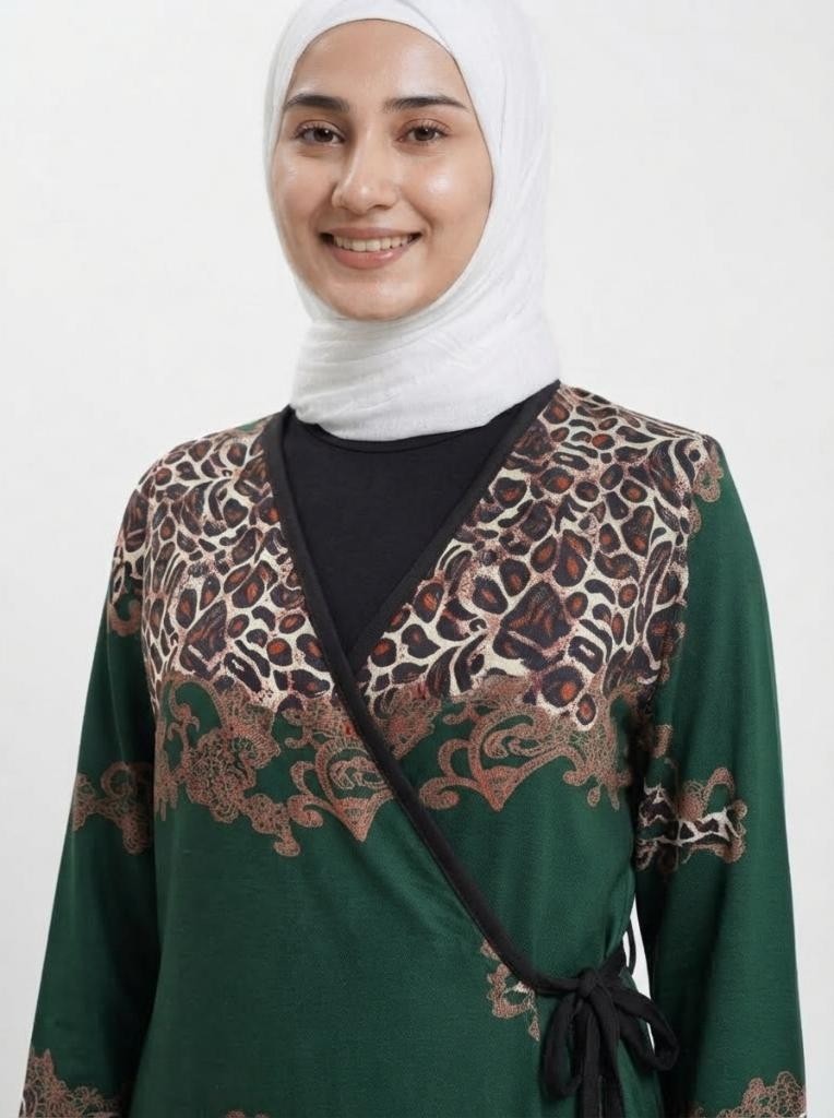 Sedef Moda Tesettür Namaz Elbisesi Anne Yeşil Leopar Desenli Kruvaze görsel 2