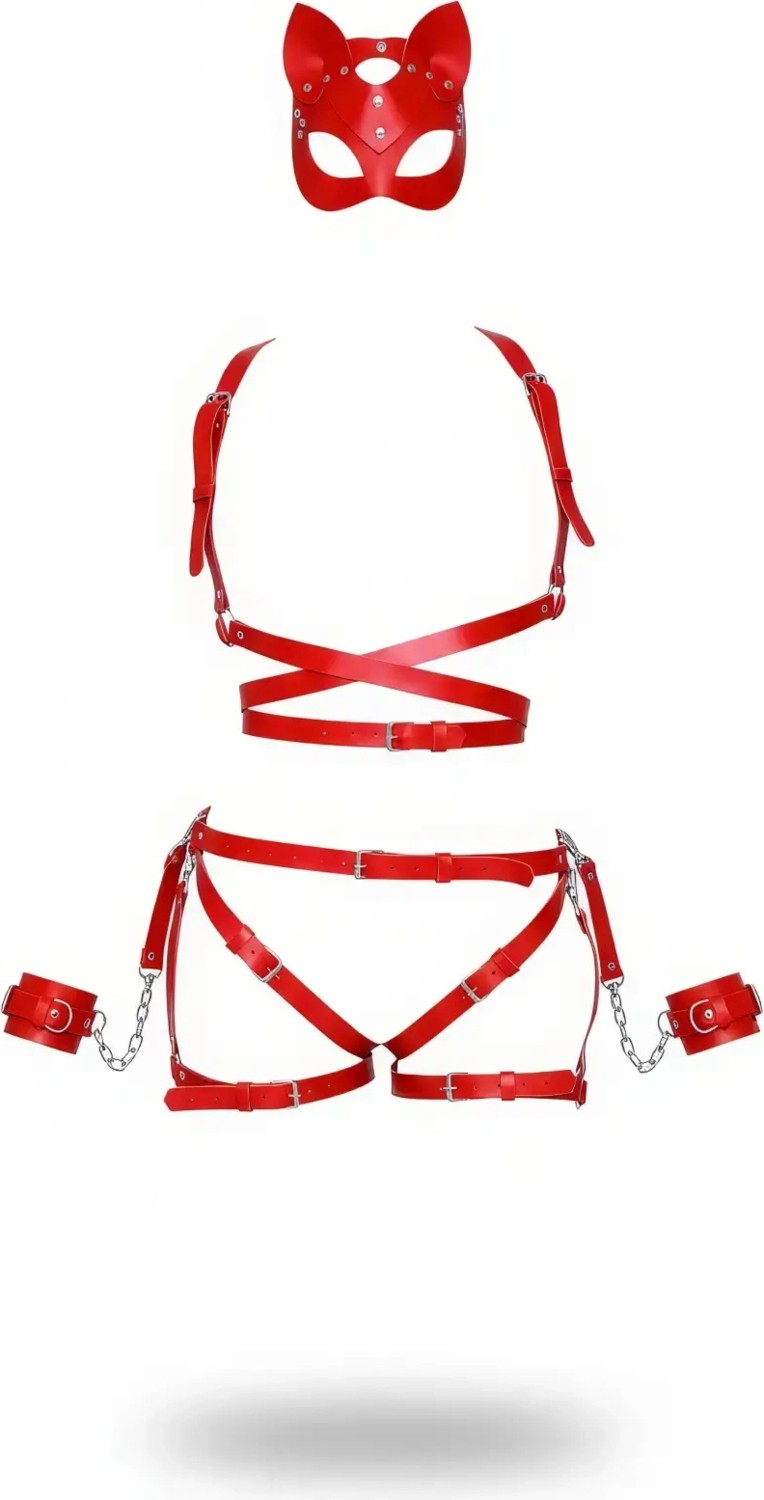 MTM My The Mall Giyim Kırmızı Harness Takım Deri Kedi Maskeli Zincir Detaylı - BRF1036 görsel 4