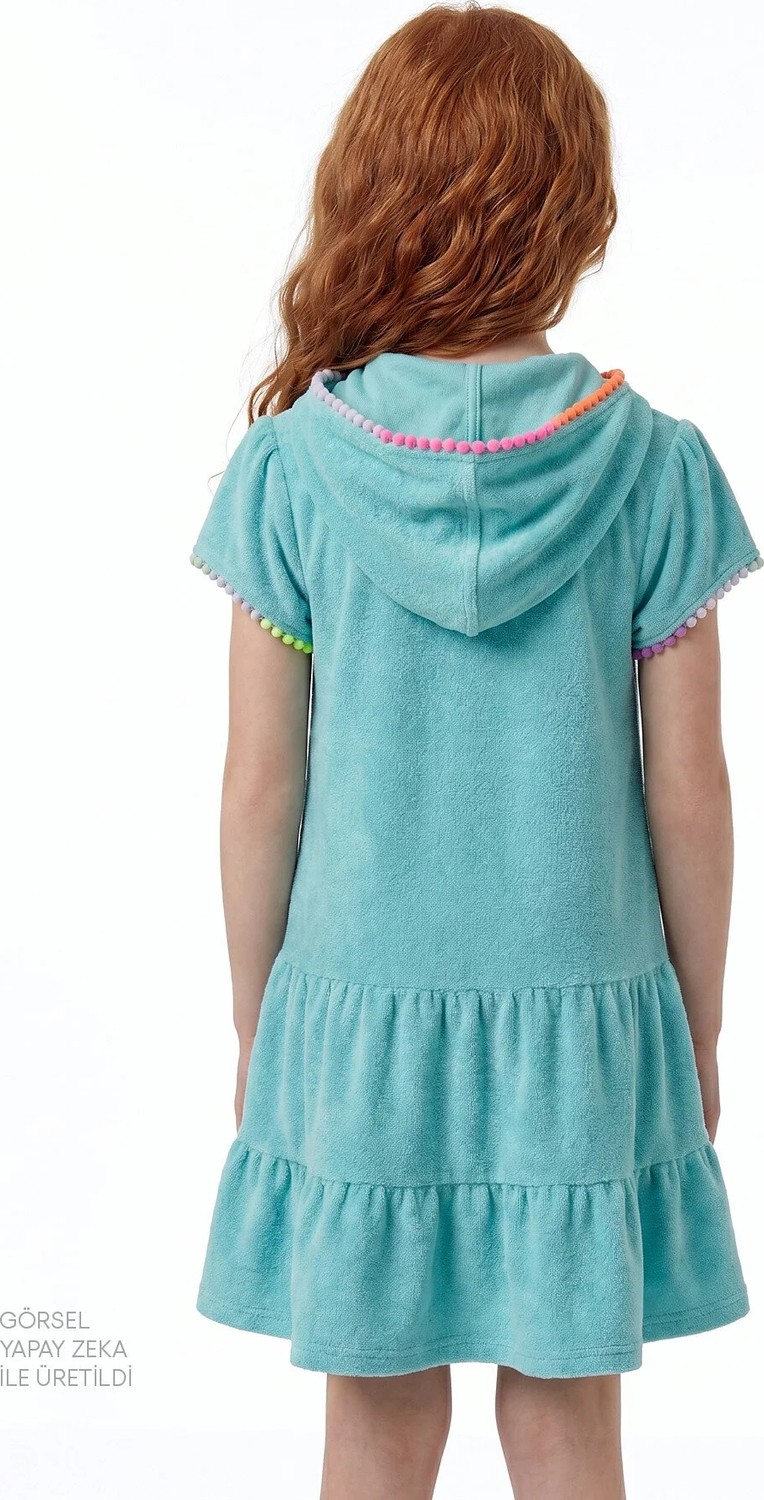 Penti Kız Çocuk Mint Mavisi Sweet Ponponlu Kısa Kollu Havlu Kaftan görsel 2