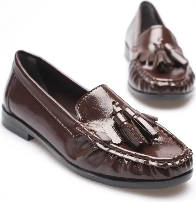 Fantastik Store Acı Kahve Rugan Püsküllü Kadın Loafer Ayakkabı TR88MS01B görsel 6