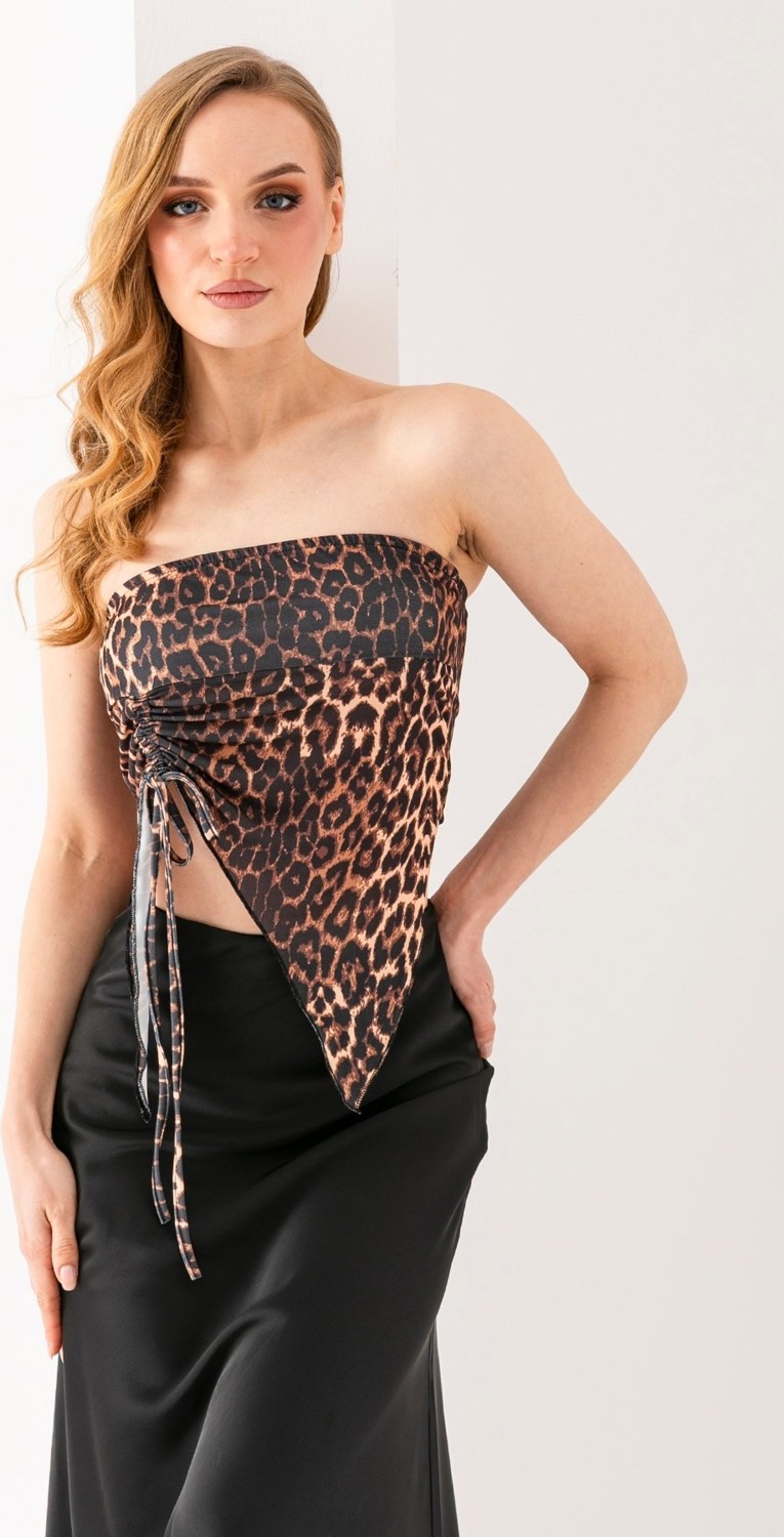 Giysa Kadın Büzgülü Asimetrik Kesim Straplez Bluz Leopar - 2453
