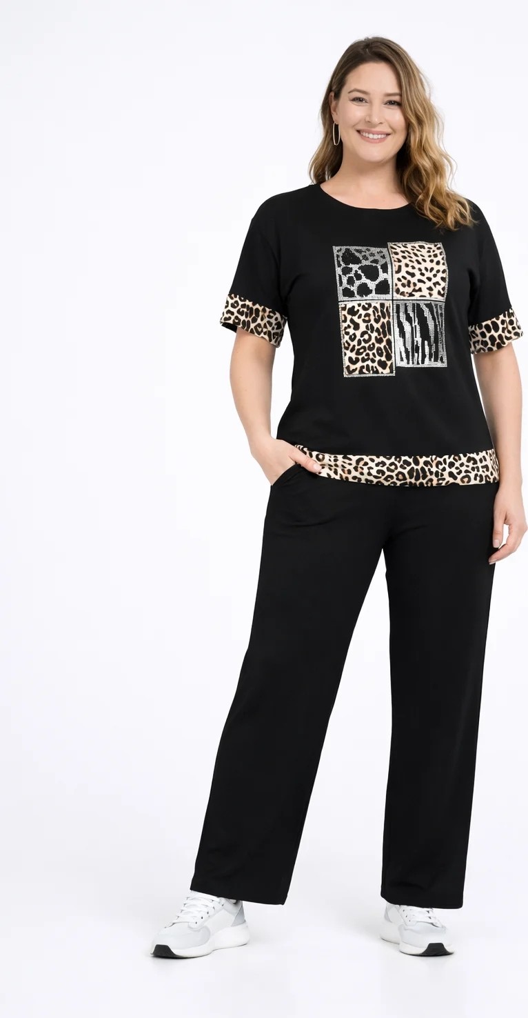 Şans Kadın Büyük Beden Siyah, Taş Detaylı Bisiklet Yaka Üst, Cepli Yüksek Bel Pantolon Takım 65N39438