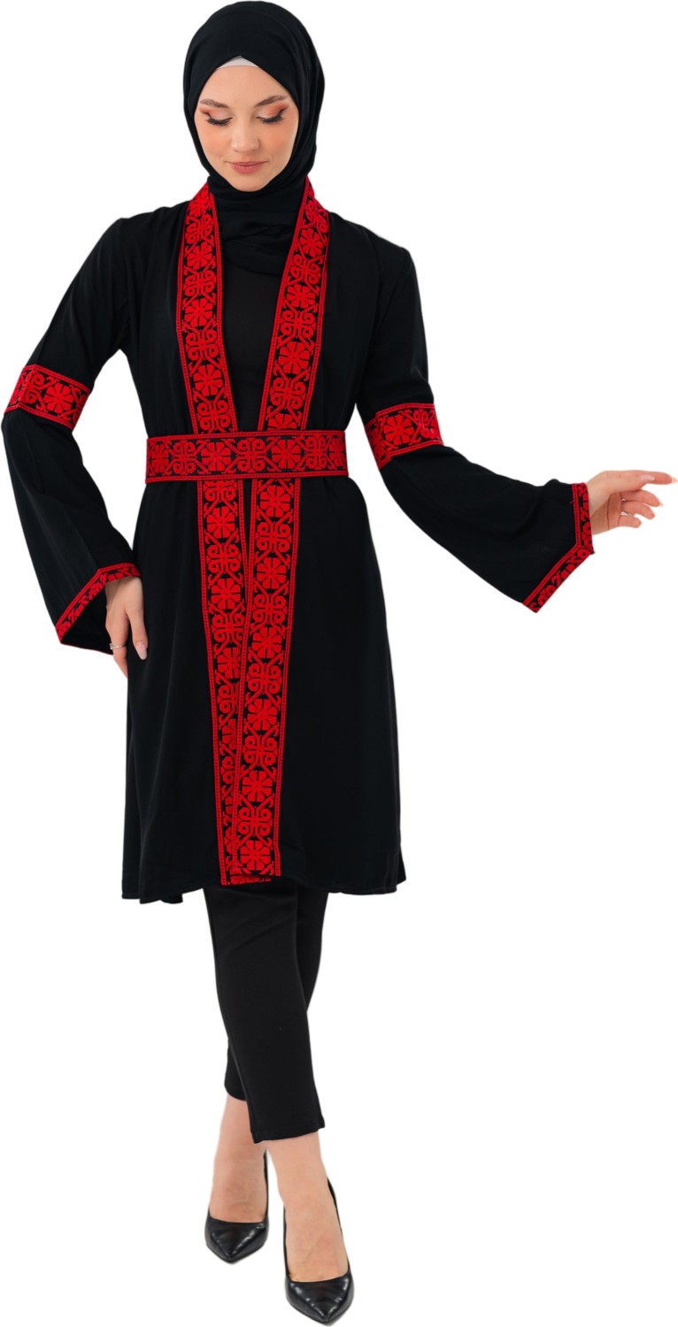 Zaytoon Tesettür Kaban Filistin Nakışlı Kırmızı Siyah Kısa Kaban Abaya Kadın görsel 4