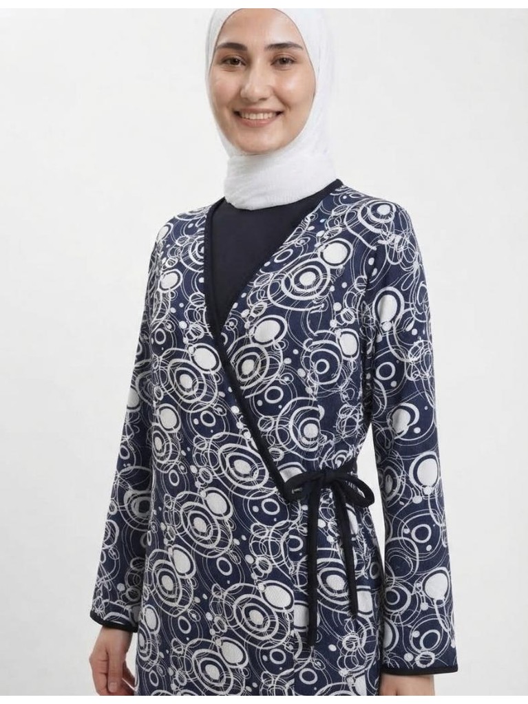 Likapa Tesettür Namaz Elbisesi Anne Lacivert Geometrik Desenli Kruvaze görsel 7