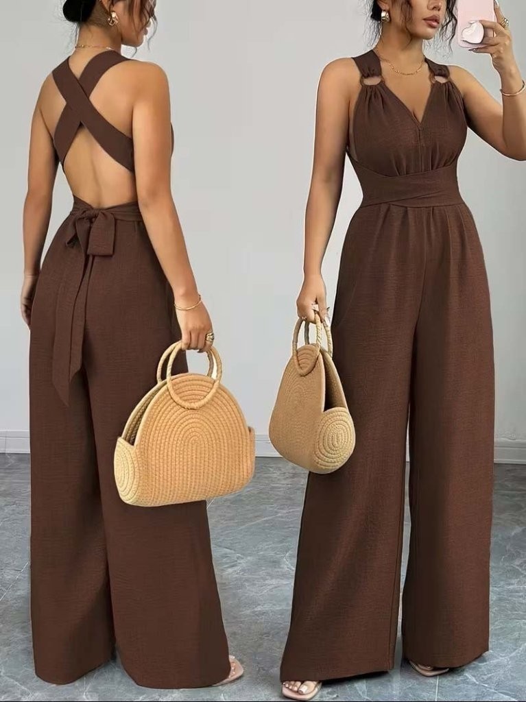 Meride Fashion Kadın Askılı Halka Detaylı Arkadan Çapraz Tulum görsel 4