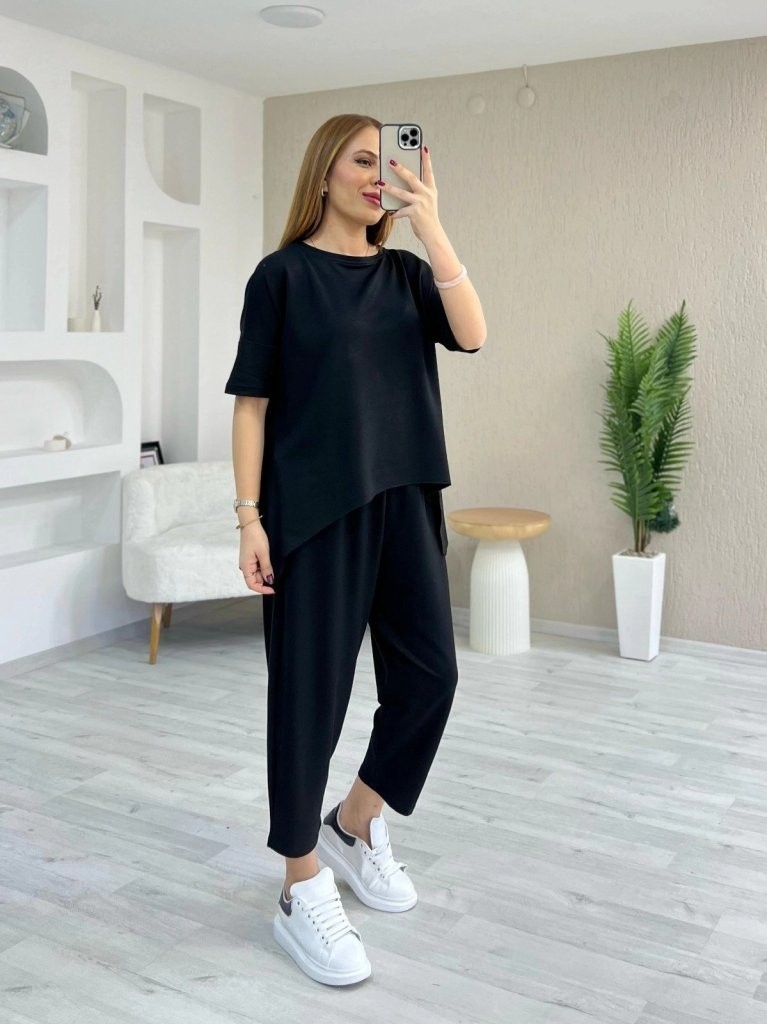 Trend Cojans Kadın Kısa Kollu Bisiklet Yaka Viskon Iki Iplik Bluz ve Pantolon Ikili Takım görsel 2