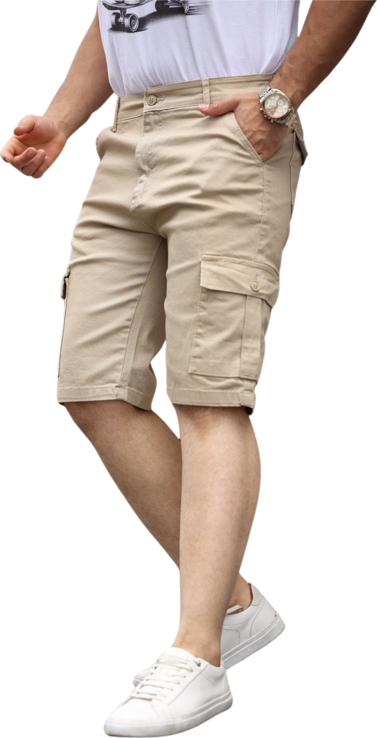 Domoda Slim Fit Erkek Kargo Şort Yandan Cepli Krem Renkli Esnek Kumaş Düz Desenli