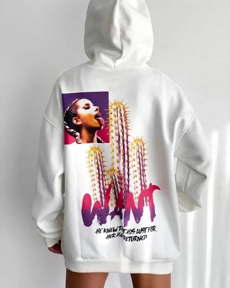 Baskılı Üç Iplik Kapüşonlu Oversize Sweatshirt - Beyaz