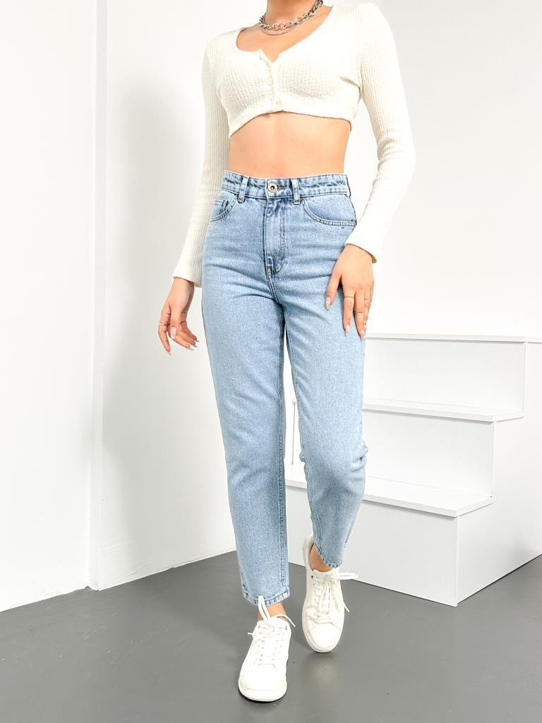 Hlt Jeans Mavi Yıpratma Kadın Likralı Mom Jean Yüksek Bel Esnek Kot Pantolon ANNA-MAVİYPT görsel 3