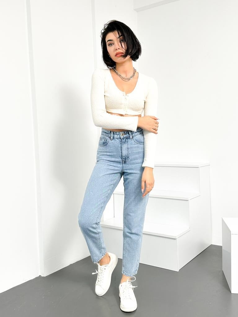 Hlt Jeans Mavi Yıpratma Kadın Likralı Mom Jean Yüksek Bel Esnek Kot Pantolon ANNA-MAVİYPT görsel 5