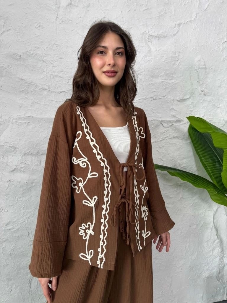 Depo Tekstil Kahve Nakış Işlemeli Müslin Kimono