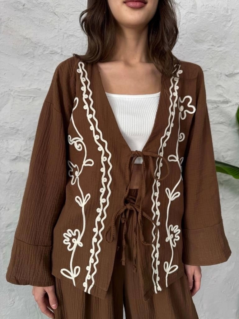 Depo Tekstil Kahve Nakış Işlemeli Müslin Kimono görsel 2