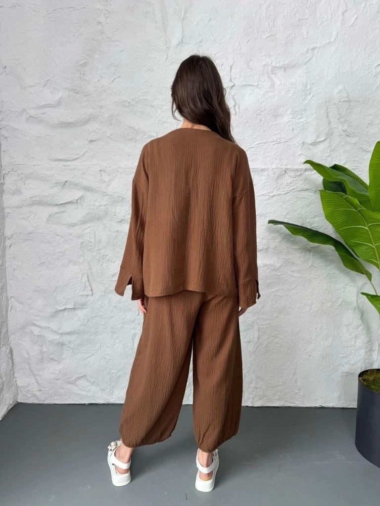 Depo Tekstil Kahve Nakış Işlemeli Müslin Kimono görsel 4