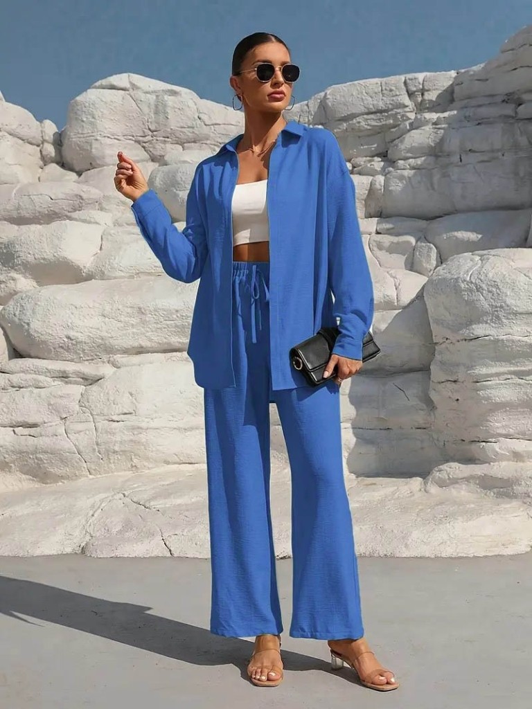Trend Esinty Kadın Önü Açık Ceket ve Pantolon Dokuma Kumaş Ikili Takım görsel 3