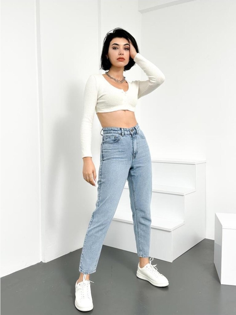 Hlt Jeans Mavi Yıpratma Kadın Likralı Mom Jean Yüksek Bel Esnek Kot Pantolon ANNA-MAVİYPT görsel 6