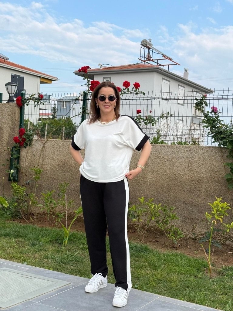 Trend Cojans Kadın Kısa Kollu Modal Dokulu Kumaş Yanı Şeritli Takım görsel 3