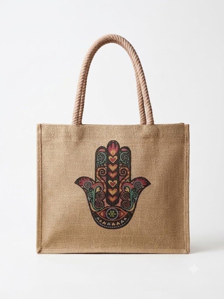 1001 El Yapımı Jüt Çanta, Mandala Fil ve Hamsa Desenli, Hasır Tote Çanta, Doğal Renk