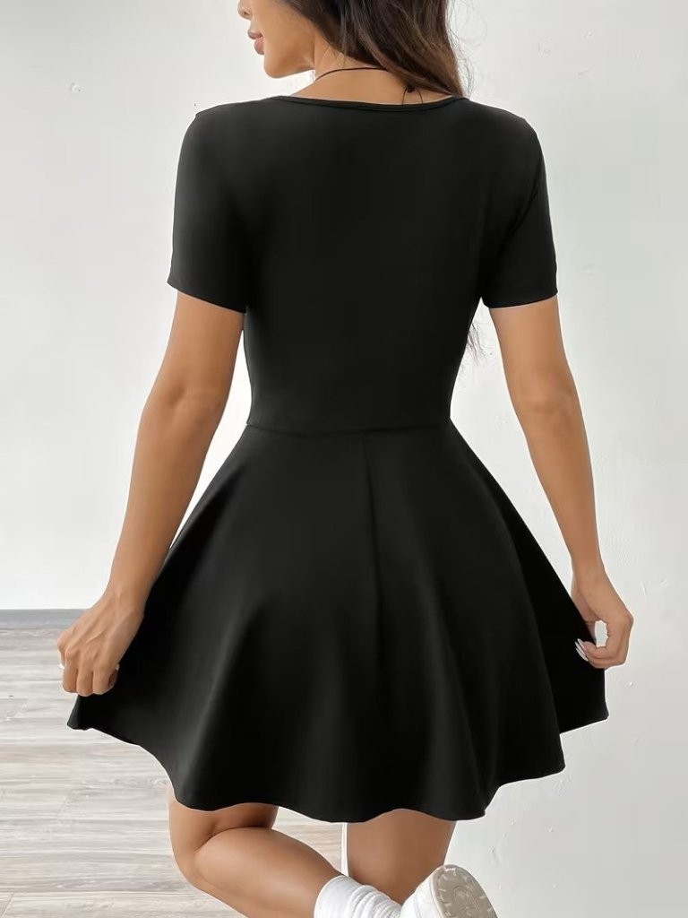 TeknoKapsül Kadın Kısa Kollu Kare Yakalı Cep Detaylı Dalgıç Elbise Tulum - Siyah / 2xl-3xl görsel 4