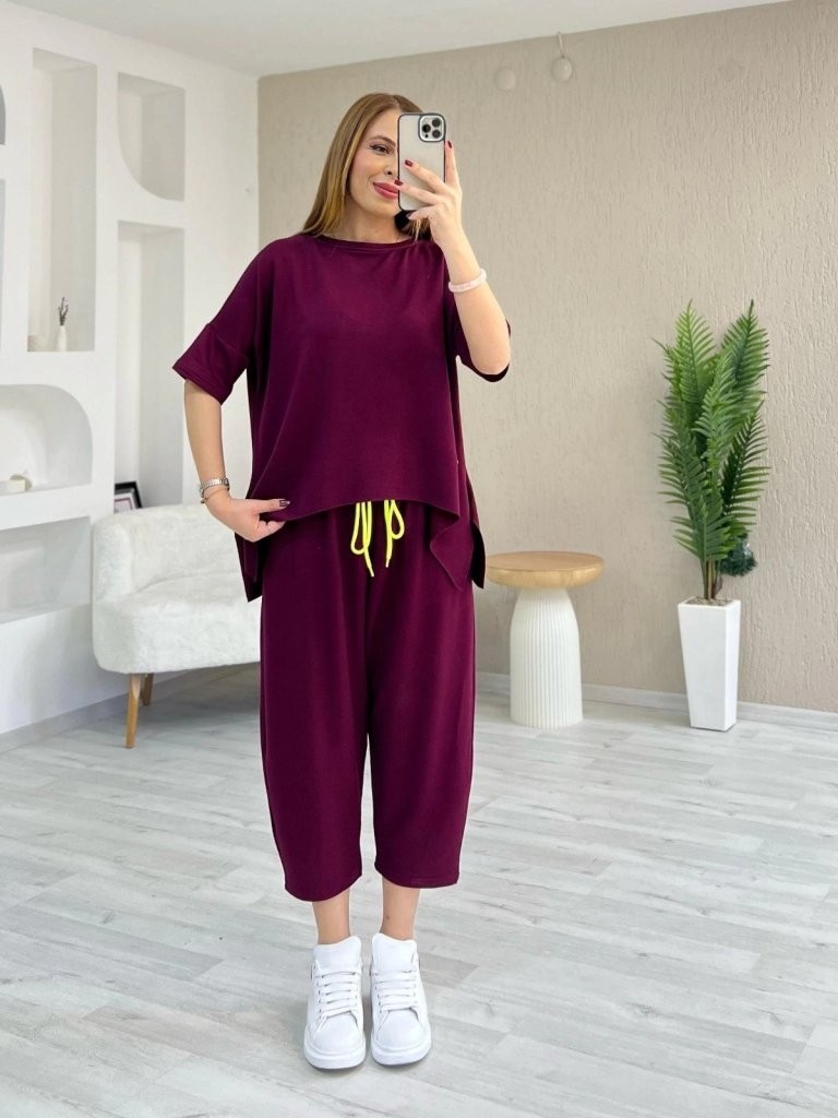 TeknoKapsül Kadın Kısa Kollu Bisiklet Yaka Viskon Iki Iplik Bluz ve Pantolon Ikili Takım - Bordo / S-M görsel 4