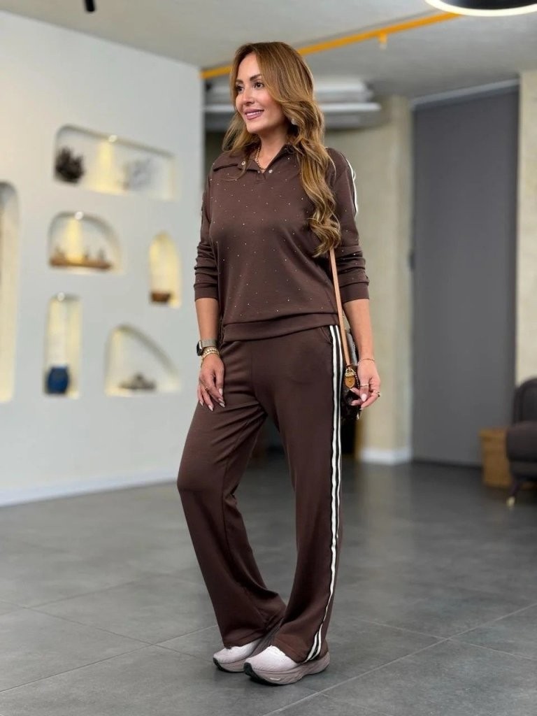 TeknoKapsül Kadın Uzun Kollu Yakalı Şerit Detaylı Viskon Iki Iplik Bluz ve Pantolon Ikili Takım - Kahve / 2xl-3xl görsel 3