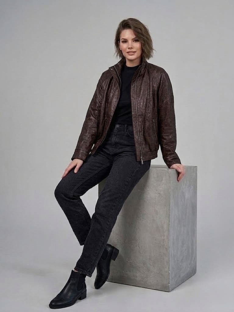 On Triko Vintage Deri Ceket Dik Yaka Cepli Bomber Model Suni Deri Mont 10707