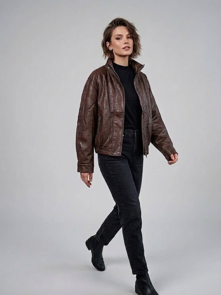 On Triko Vintage Deri Ceket Dik Yaka Cepli Bomber Model Suni Deri Mont 10707 görsel 2