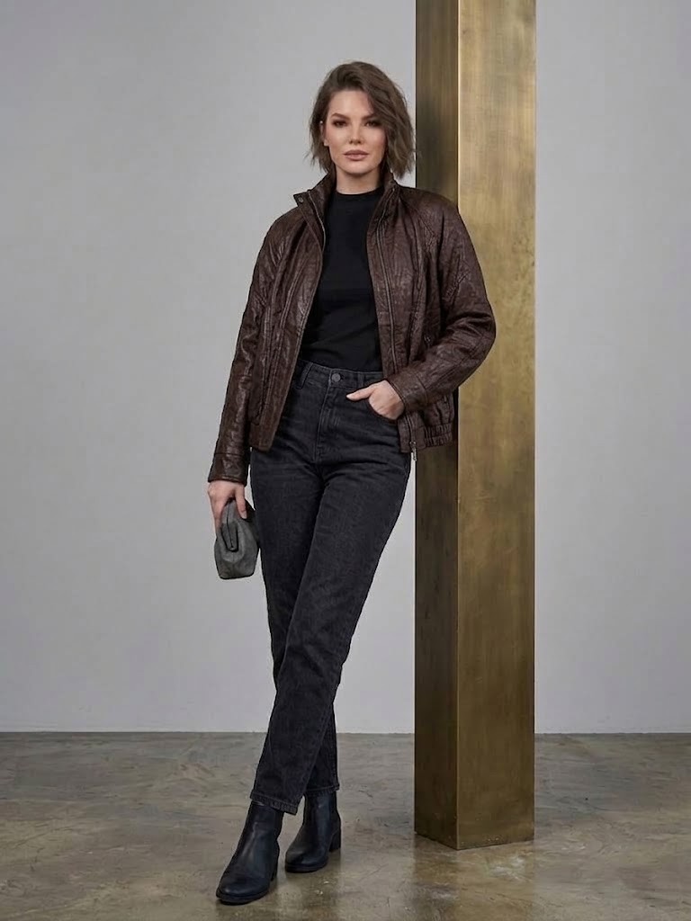 On Triko Vintage Deri Ceket Dik Yaka Cepli Bomber Model Suni Deri Mont 10707 görsel 3