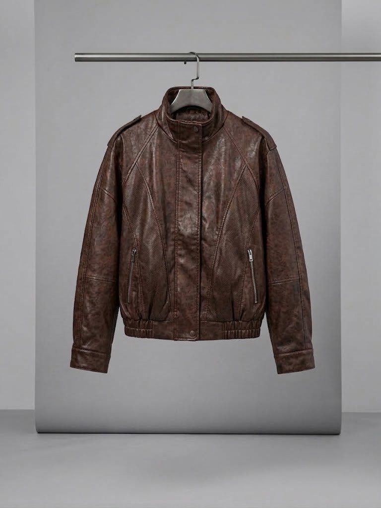 On Triko Vintage Deri Ceket Dik Yaka Cepli Bomber Model Suni Deri Mont 10707 görsel 5