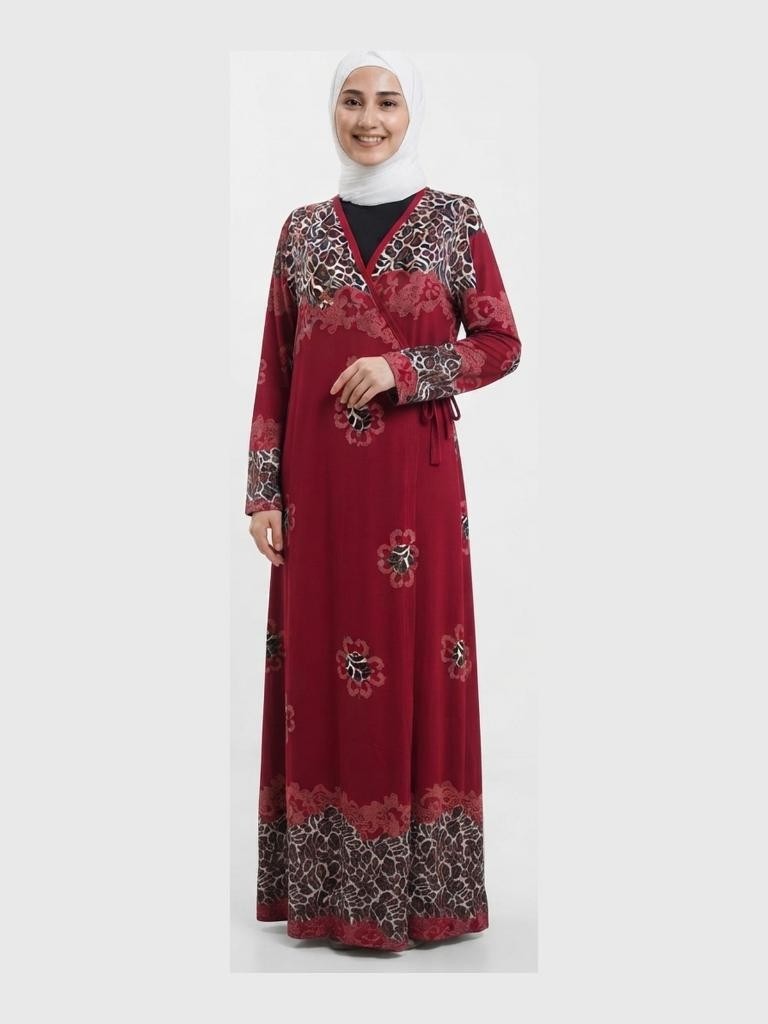 Likapa Tesettür Namaz Elbisesi Anne Bordo Leopar Desenli Kruvaze