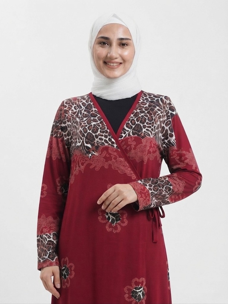 Likapa Tesettür Namaz Elbisesi Anne Bordo Leopar Desenli Kruvaze görsel 2