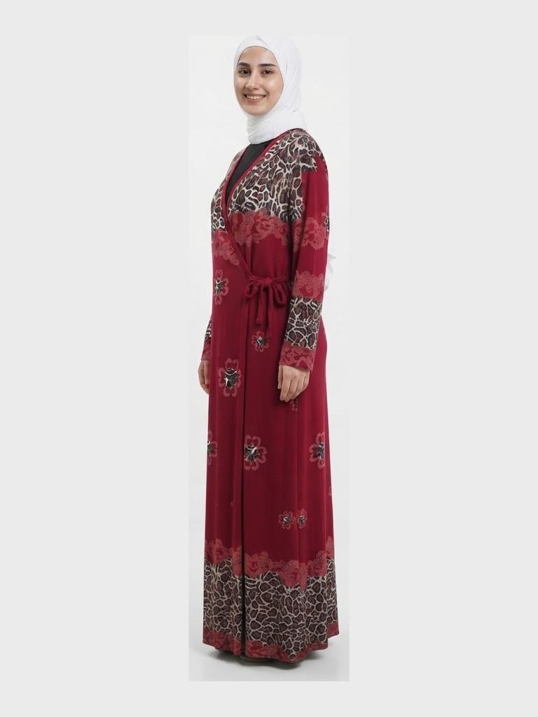 Likapa Tesettür Namaz Elbisesi Anne Bordo Leopar Desenli Kruvaze görsel 3