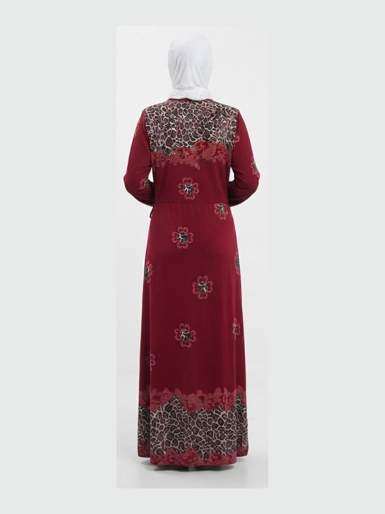 Likapa Tesettür Namaz Elbisesi Anne Bordo Leopar Desenli Kruvaze görsel 4