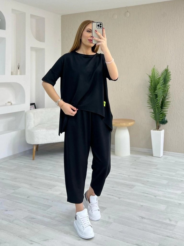 Trend Cojans Kadın Kısa Kollu Bisiklet Yaka Viskon Iki Iplik Bluz ve Pantolon Ikili Takım görsel 3