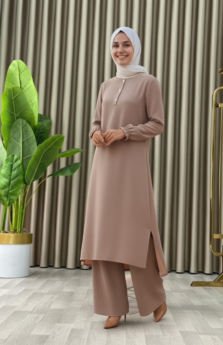 Mismoly Tesettür Ikili Takım Uzun Tunik Bol Paça Pantolon