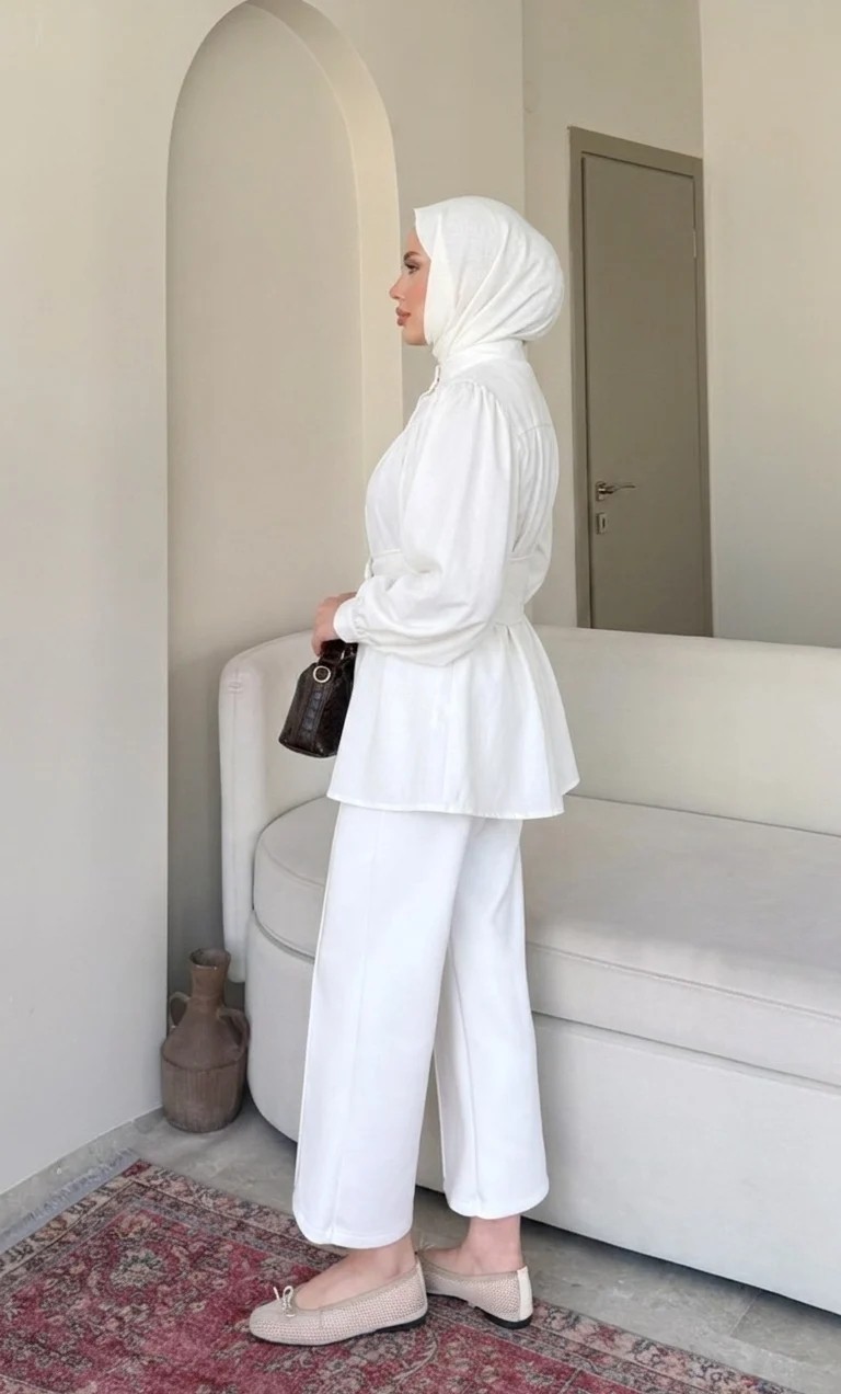 Miraydin Butik Kadın Korsaj Kemer Detaylı Tesettür Uzun Gömlek M2612 - Beyaz görsel 5